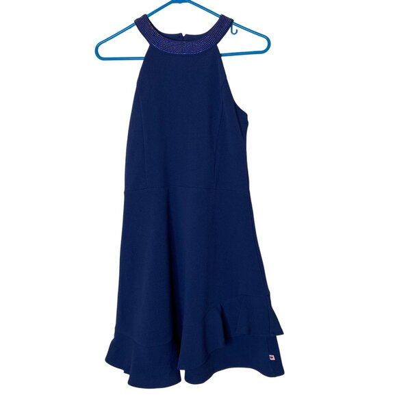 Juicy Couture Kids XL 16 Navy Halter Dress Beaded Neck Ruffle Hem Party Formal - Picture 1 of 9